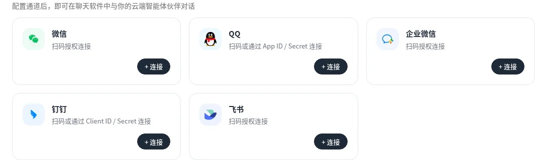 国内站通道页面,展示微信、QQ、企业微信、钉钉和飞书